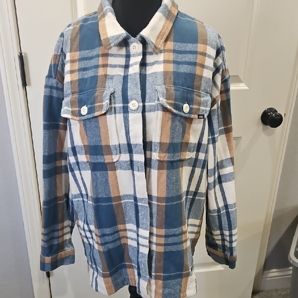 Vans Blue, Tan and White Checkered Flannel Button Down Shirt